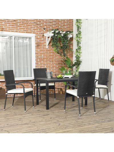  Stackable 4 PE Rattan Outdoor Dining Chairs with Cushions, Patio Wicker Dining Chairs with Armrests & Backrest, Cream White