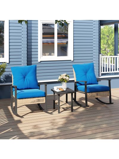  3 Pieces Bistro Set, Patio Wicker Furniture Set with Button Tufted Cushions, Rattan Rocking Chairs, Coffee Table, Blue