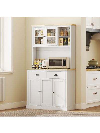  Freestanding Kitchen Cabinet, 71" Tall Pantry Cabinet, Modern Hutch with Wide Countertop, Adjustable Shelves, White