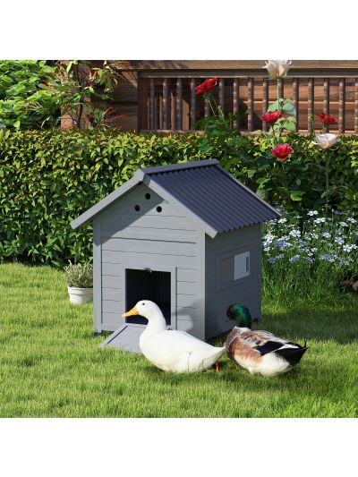  Duck Coop, Wooden Duck House with Openable Roof & Double Doors, Light Gray