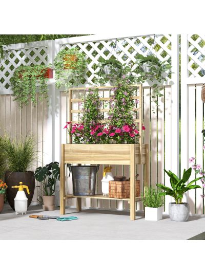  Wooden Raised Garden Bed with Trellis, Outdoor Planter Box with Storage Shelf for Vegetables, Flowers, Herbs