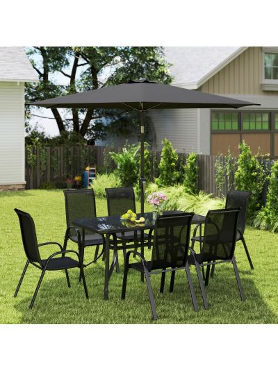  8 Pieces Patio Furniture Set with 9Ft Patio Umbrella, Outdoor Dining Table and Chairs, Black