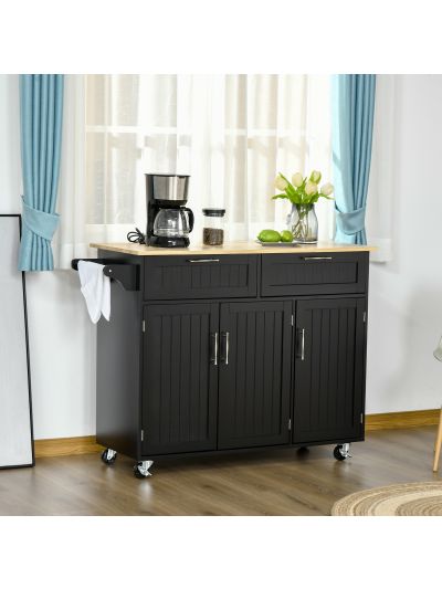  Mobile Kitchen Island with Storage, Kitchen Cart with Wood Top, Storage Drawers, 3-door Cabinets, Adjustable Shelves and Towel Rack, Black