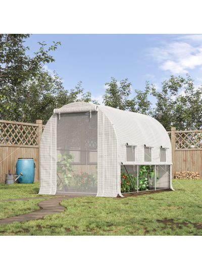  116.25" x 78.75" x 78.75" Walk-in Tunnel Greenhouse, Mesh Windows, Bottom Vents, Zippered Door, PE Cover, Heavy Duty Steel Frame, White