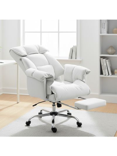  High Back Office Chair, Reclining Desk Chair with Footrest, High Resilience Foam, Rolling Wheels, Cream White