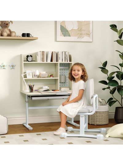 Qaba Kids Study Desk and Chair Set with Adjustable Height, Tiltable Desktop, Hutch and Drawer for Ages 3-12, Gray