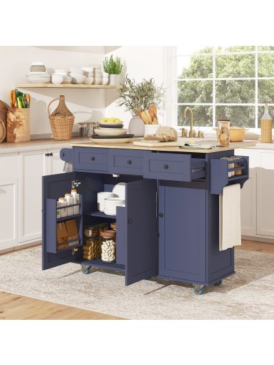  Kitchen Island on Wheels with Drop Leaf, Charging Station, Rolling Kitchen Cart with Wood Top, Adjustable Shelf, Blue